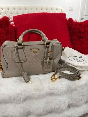 Prada Pebbled Leather Satchel in Taupe with Gold Hardware